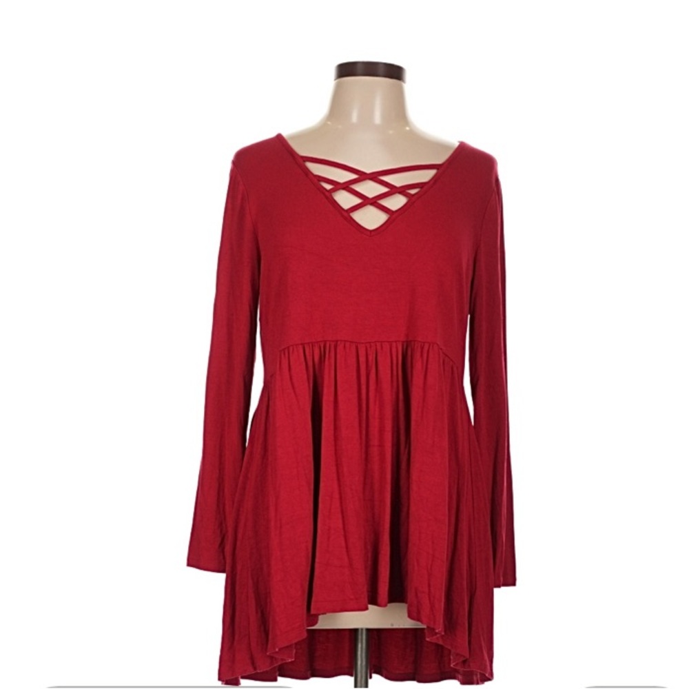 TORRID Women’s Red Crisscross V-Neck Long Black Sleeve Tunic